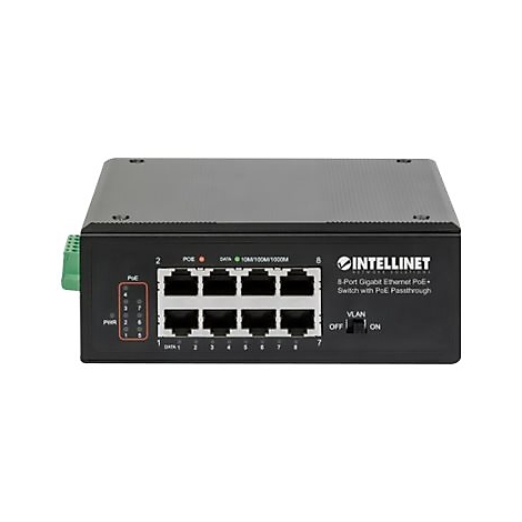 Ein schwarzer 8-Port Gigabit Ethernet PoE+ Switch. Auf der Vorderseite befinden sich Ports, Anzeigen und ein Schalter. Die Marke ist Intellinet.
