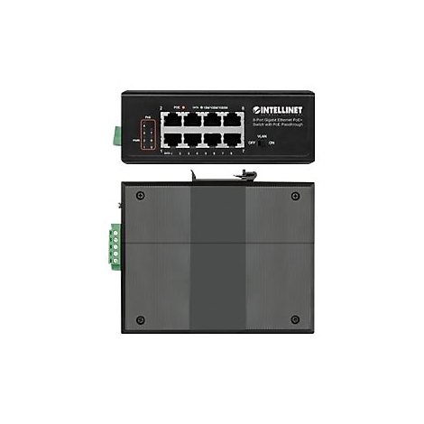 Ein schwarzer Netzwerk-Switch mit AnschlÃ¼ssen, Beschriftungen und der Aufschrift INTELLINET.