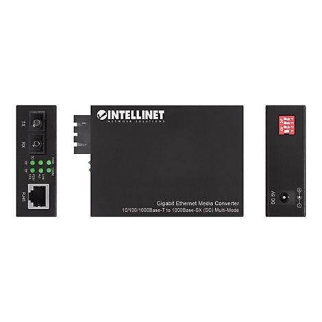 Schwarzer Intellinet Gigabit Ethernet Media Converter in drei Ansichten mit Anschlüssen, LEDs und DIP-Schaltern.