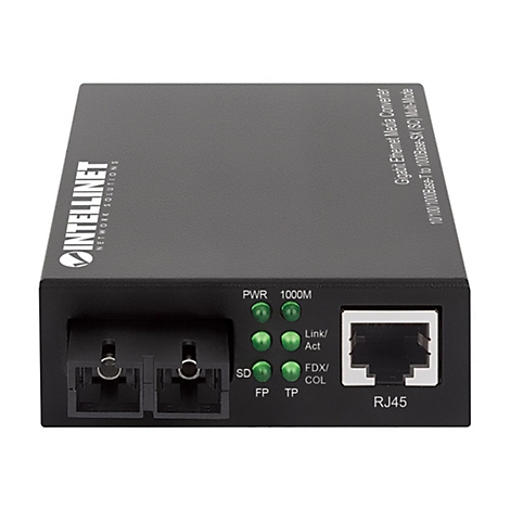 Schwarzer Intellinet Gigabit Ethernet Medienkonverter mit SC-Anschluss und RJ45-Port sowie LED-Statusanzeigen.
