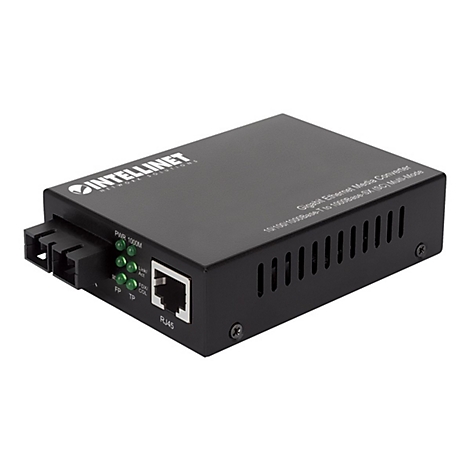 Schwarzer Intellinet Gigabit Ethernet Media Converter mit Glasfaser- und RJ45-Anschluss vor weißem Hintergrund.