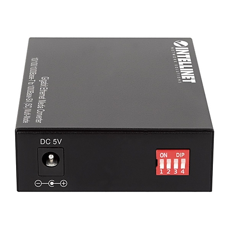 Schwarzer Intellinet Gigabit Ethernet Medienkonverter mit DC 5V Anschluss und rotem 4-fach DIP-Schalter.