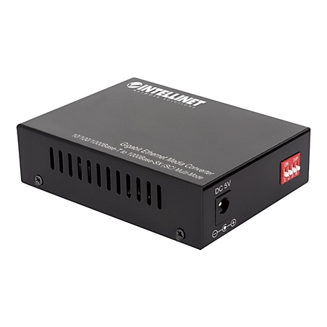 Schwarzer Intellinet Gigabit Ethernet Media Converter in Metallgehäuse mit Stromanschluss und DIP-Schaltern.