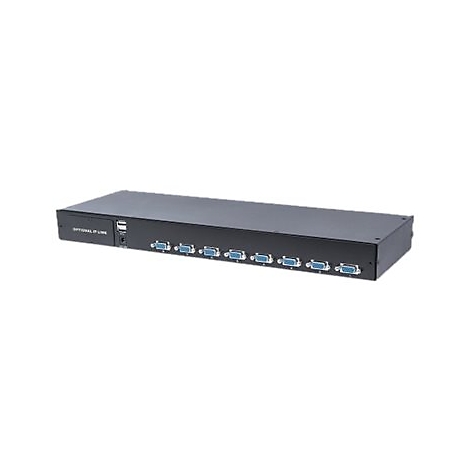Schwarzer, rechteckiger KVM-Switch mit vielen AnschlÃ¼ssen und Schriftzug OPTIONAL IP LINK.
