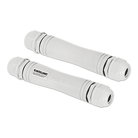 Zwei weiÃŸe PoE Extender auf weiÃŸem Hintergrund. Auf einem steht INTELLINET PoE Extender.