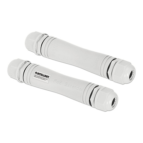 Zwei graue, zylindrische Intellinet Outdoor PoE-Extender vor weißem Hintergrund.
