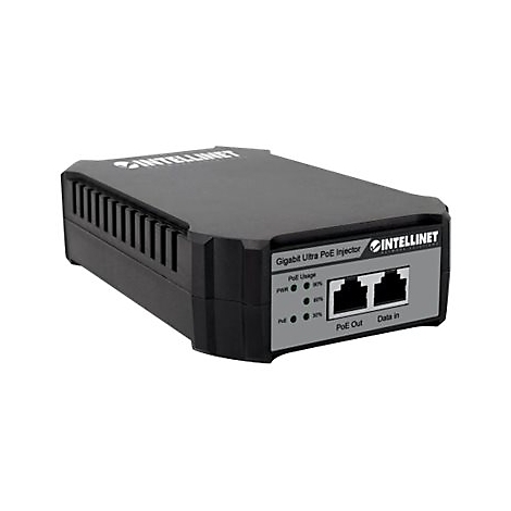 Schwarzer Gigabit Ultra PoE Injektor mit zwei Ethernet-AnschlÃ¼ssen und LED-Anzeigen auf weiÃŸem Hintergrund. Aufschrift: INTELLINET.