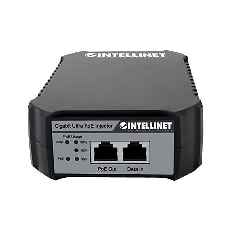 Schwarzer Gigabit Ultra PoE Injector mit zwei Ethernet-AnschlÃ¼ssen und LED-Anzeigen fÃ¼r Strom und PoE-Nutzung. Beschriftet mit INTELLINET.
