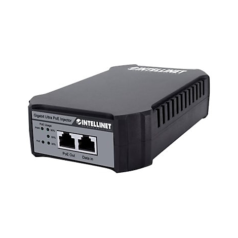 Schwarzer PoE-Injektor von Intellinet. Grau beschriftet mit Ports und LED-Anzeigen. Auf weiÃŸem Hintergrund.