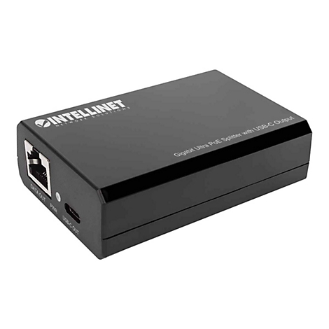 Schwarzer Gigabit Ultra PoE Splitter mit USB-C-Ausgang von Intellinet Network Solutions.
