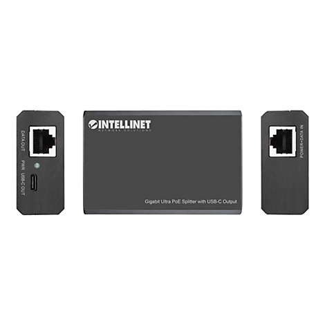 Ein Intellinet Gigabit Ultra PoE Splitter mit USB-C Ausgang, Vorder- und Seitenansichten auf weißem Grund.