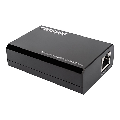 Schwarzer Intellinet Gigabit Ultra PoE Splitter mit USB-C Ausgang vor weißem Hintergrund.