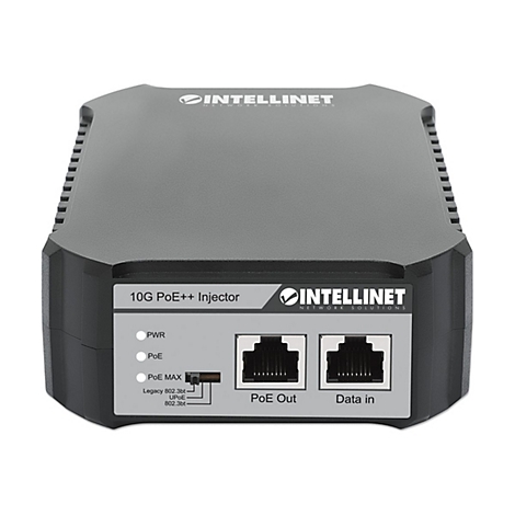 Schwarzer 10G PoE++ Injektor von Intellinet mit Anschlüssen für PoE Out und Data In vor weißem Hintergrund.