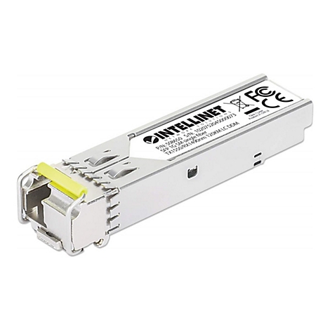 Ein metallisches SFP-Transceiver-Modul von Intellinet mit einem gelben Entriegelungshebel vor weißem Hintergrund.
