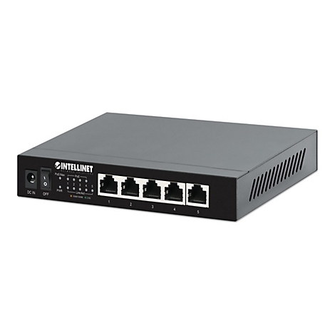 Schwarzer Intellinet 5-Port PoE+ Gigabit-Switch mit RJ45-Anschlüssen auf weißem Hintergrund.