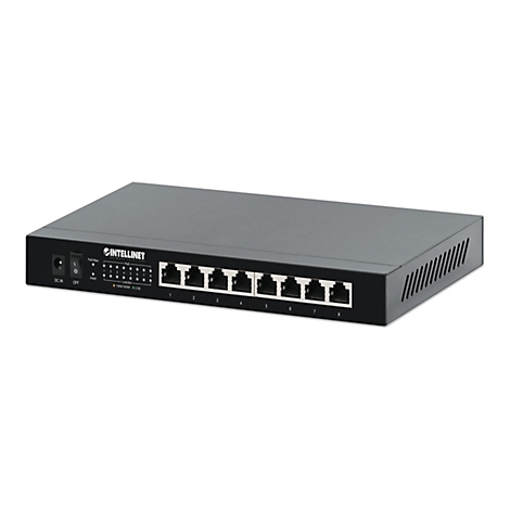 Schwarzer 8-Port Intellinet Netzwerk-Switch vor weißem Hintergrund.