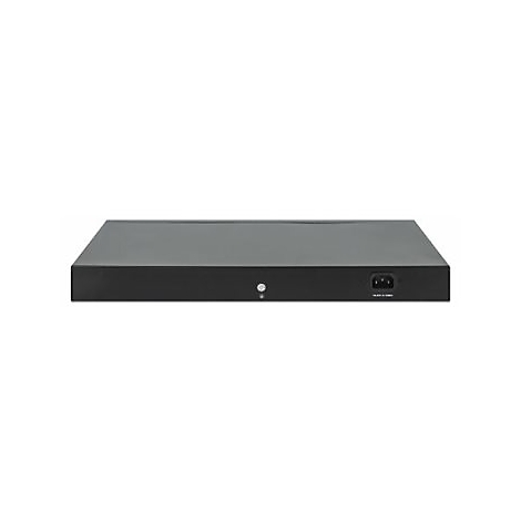 Rückseite eines flachen schwarzen elektronischen Geräts mit Netzanschlussbuchse vor weißem Hintergrund.
