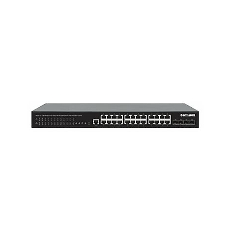 Schwarzer Intellinet Netzwerk-Switch mit 24 Ethernet-Ports und LED-Anzeigen auf weißem Hintergrund.