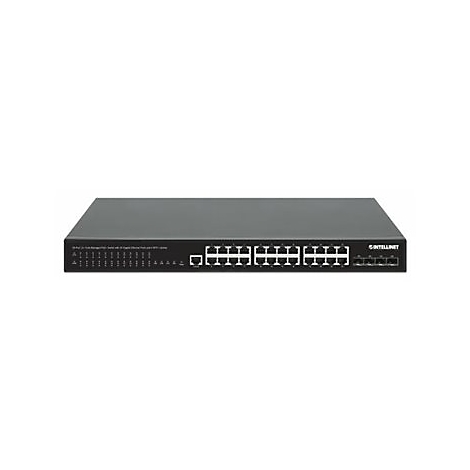 Schwarzer 24-Port Gigabit Ethernet Switch von Intellinet mit Status-LEDs und SFP-Anschlüssen.