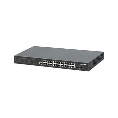 Schwarzer Intellinet Netzwerk-Switch mit 24 Ports vor weißem Hintergrund.