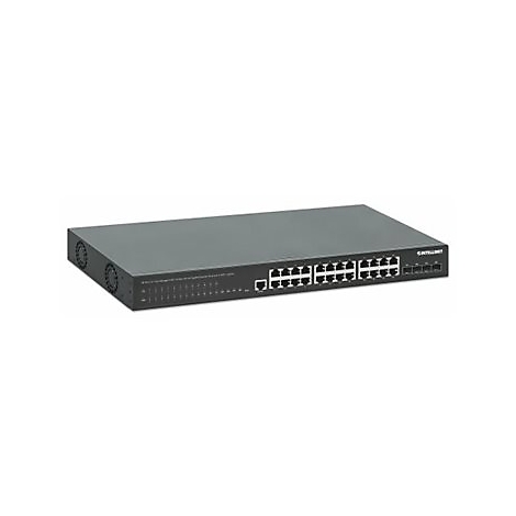 Schwarzer Intellinet Netzwerk-Switch mit 24 RJ45-Ports und LED-Anzeigen auf weißem Hintergrund.