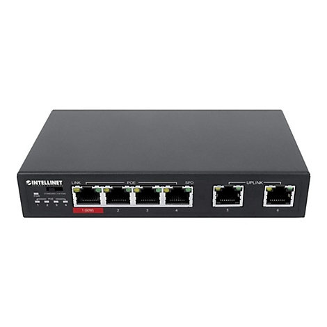 Schwarzer Intellinet PoE-Netzwerk-Switch mit vier PoE-Ports und zwei Uplink-Ports vor weißem Hintergrund.