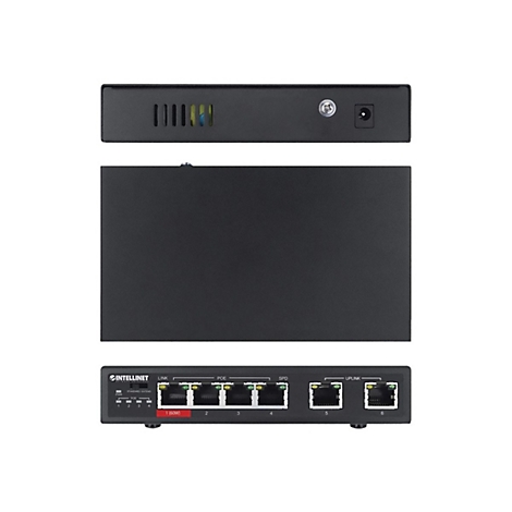 Schwarzer Intellinet PoE-Switch mit Front- und Rückansicht auf weißem Hintergrund.