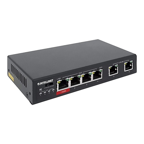 Schwarzer Intellinet PoE-Netzwerk-Switch mit sechs Anschlüssen vor weißem Hintergrund.