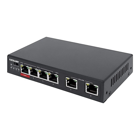 Schwarzer Intellinet PoE-Netzwerk-Switch mit sechs Anschlüssen vor weißem Hintergrund.