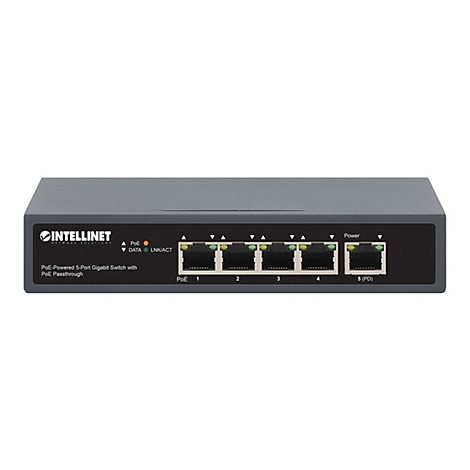 Grauer Intellinet 5-Port Gigabit-Switch mit PoE-Passthrough, Vorderansicht mit Netzwerkanschlüssen.