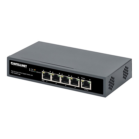 Ein grauer Intellinet 5-Port Gigabit-Switch mit PoE-Passthrough vor weißem Hintergrund.