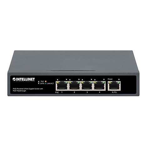 Grauer 5-Port Gigabit Switch von Intellinet mit PoE-Funktion auf weißem Hintergrund.