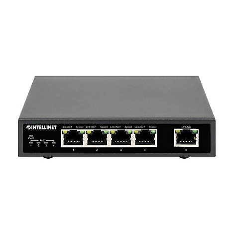 Schwarzer Intellinet Netzwerk-Switch mit fünf Anschlüssen vor weißem Hintergrund.
