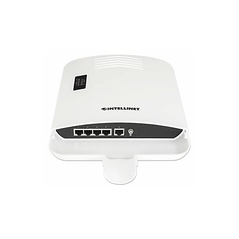Weißer Intellinet Netzwerk-Router mit vier LAN-Ports und Statusanzeige auf weißem Hintergrund.