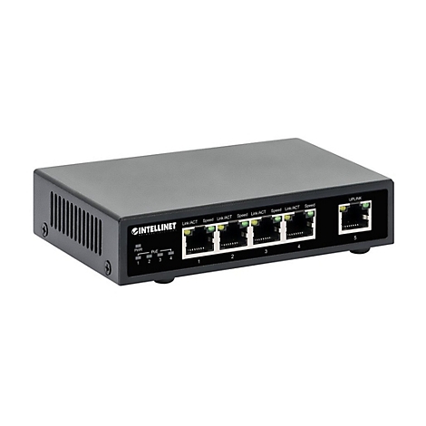 Schwarzer Intellinet PoE Netzwerk-Switch mit vier PoE-Ports, einem Uplink-Port und Status-LEDs.