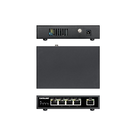 Schwarzer Intellinet PoE-Netzwerk-Switch, gezeigt von oben, vorne mit Anschlüssen und hinten mit Stromanschluss.