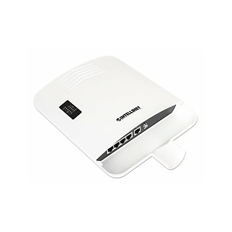 Weißer Intellinet Access Point mit Anschlüssen auf der Vorderseite und Status-LEDs auf der Oberseite.