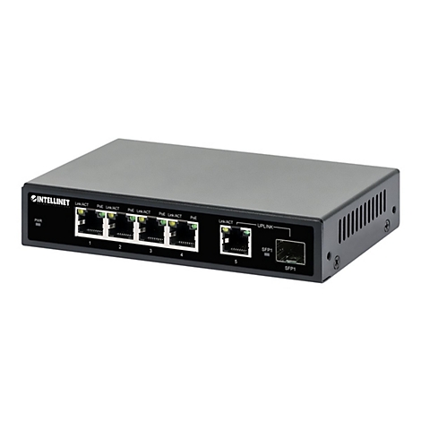 Schwarzer Intellinet Netzwerk-Switch mit fünf Ports und SFP-Anschluss vor weißem Hintergrund.