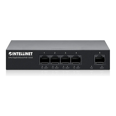 Schwarzer 5-Port Gigabit Ethernet PoE+ Switch von Intellinet mit LAN-Anschlüssen und Status-LEDs.