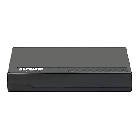 Schwarzer Netzwerk-Switch mit der Aufschrift INTELLINET. Acht Leuchtenreihen.