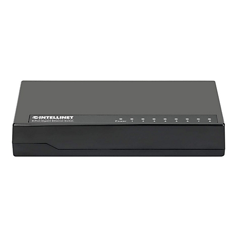 Schwarzer 8-Port Gigabit Ethernet Switch von Intellinet vor weißem Hintergrund.