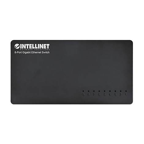 Schwarzer Intellinet 8-Port Gigabit Ethernet Switch von oben mit Status-LEDs und Logo.