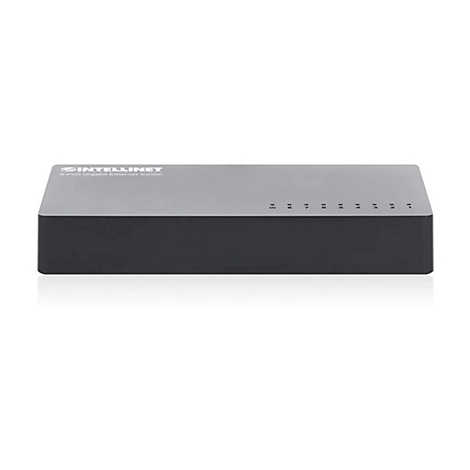 Schwarzer 8-Port Gigabit Ethernet Switch von Intellinet auf weißem Hintergrund.
