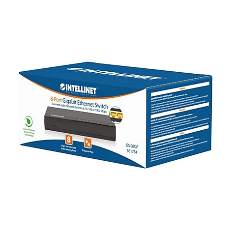 Produktverpackung eines Intellinet 8-Port Gigabit Ethernet Switches in einer blauen Box.