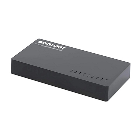 Schwarzer 8-Port Gigabit Ethernet Switch von Intellinet vor weißem Hintergrund.