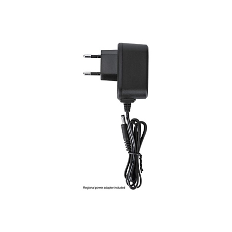 Schwarzes Steckernetzteil für europäische Steckdosen mit Kabel und Hohlstecker.