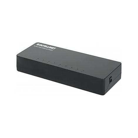 Schwarzer Intellinet 8-Port Fast Ethernet Switch auf weißem Hintergrund.