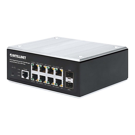 Schwarzer Intellinet Industrial-Switch mit acht PoE+-Gigabit-Ports und zwei SFP-Anschlüssen.