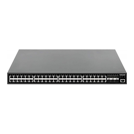 Schwarzer Intellinet Netzwerk-Switch mit 48 Anschlüssen und Konsolen-Port vor weißem Hintergrund.
