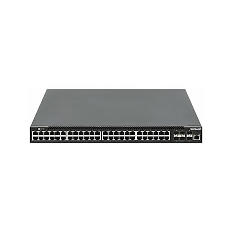 Schwarzer Netzwerk-Switch mit zahlreichen RJ45-Ports auf der Vorderseite vor neutralem Hintergrund.